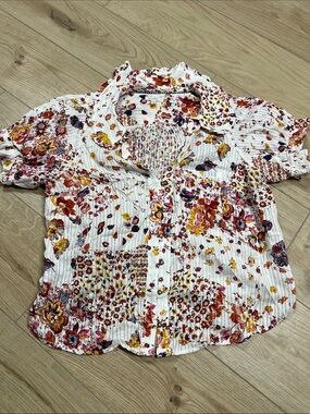 Anthropologie White Floral Button-Front Blouse with Yellow & Red Motifs